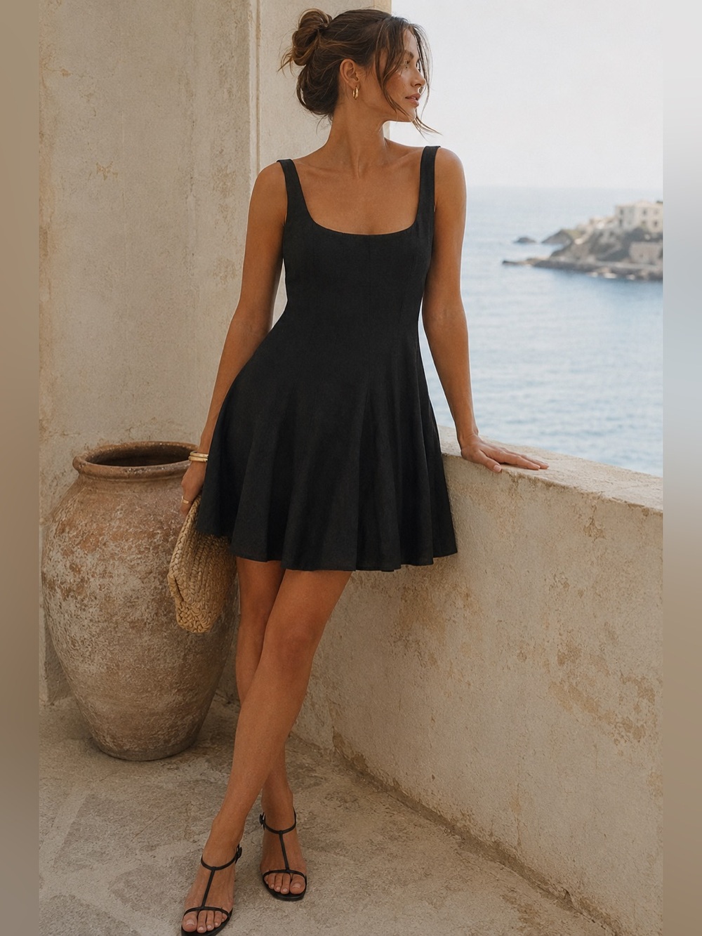 Bailey 44 Black Linen Blend Fit & Flare Mini Dress Size 8 Quiet Luxury Coastal